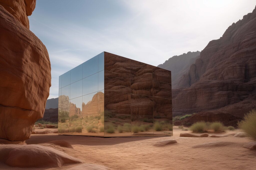Futuristic mirrored cube structure reflecting desert rock formations and sky, blending architecture with the natural landscape in a surreal, minimalist composition.