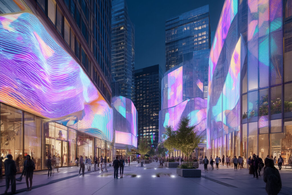 Futuristic urban streetscape with illuminated building façades displaying flowing, multicoloured digital patterns, depicting an immersive retail environment at night.