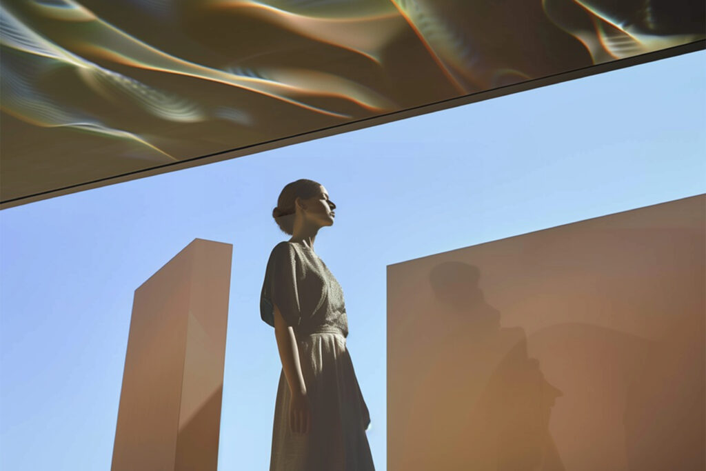 AI-generated imagery depicting a woman standing between minimalist geometric forms under a surreal, light-infused sky, blending fashion and digital art aesthetics.