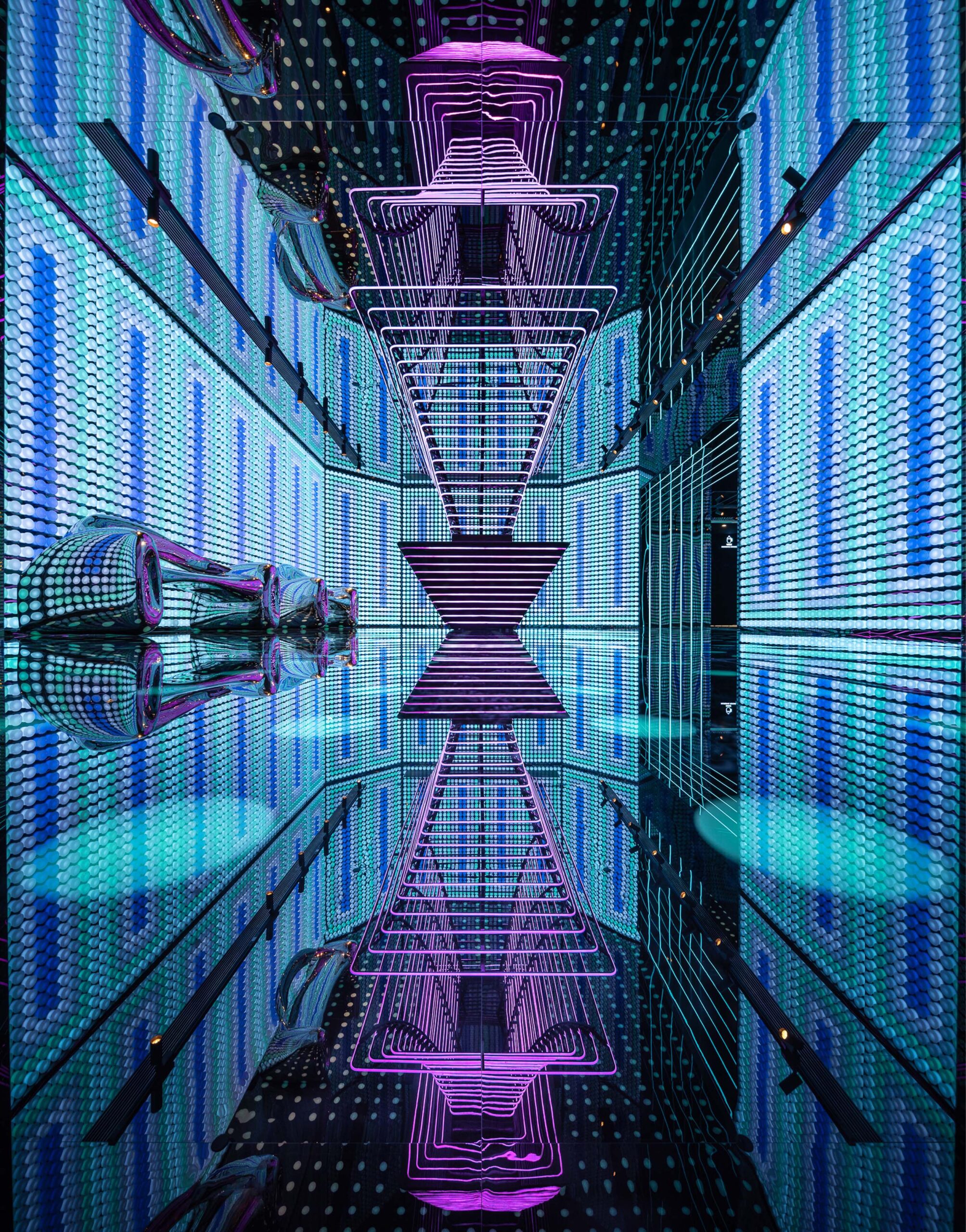 Immersive futuristic restroom with glowing neon lights, geometric LED patterns, and mirrored surfaces creating a sci-fi atmosphere.