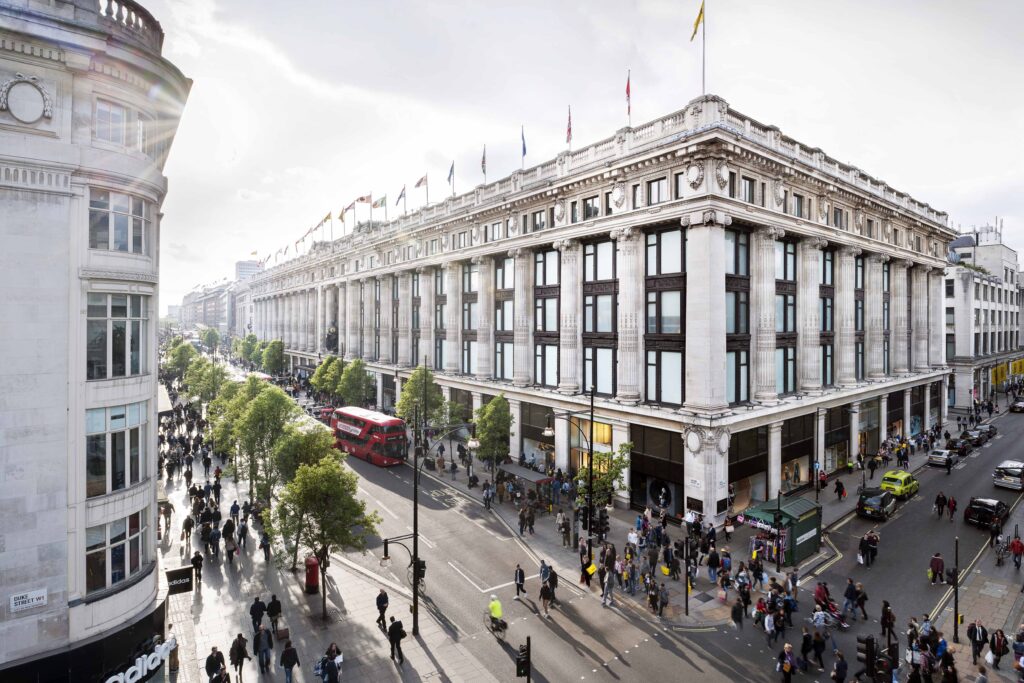 Corner view of Selfridges on Oxford Street and Duke Street, London, captured by Andrew Meredith.