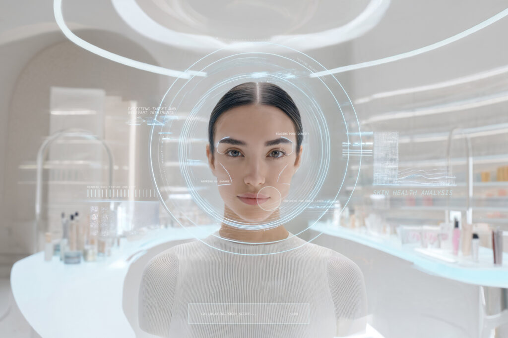 Woman standing in a futuristic retail environment with an augmented reality skin health analysis interface overlaying her face, illustrating AI-driven beauty technology.