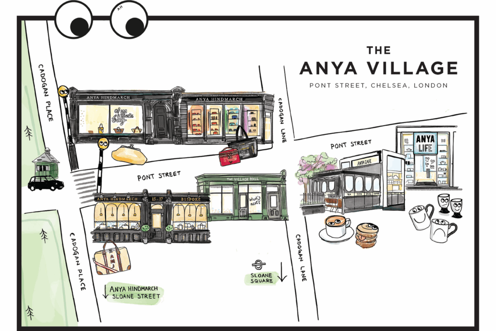 Illustrated map of The Anya Village on Pont Street, Chelsea, London, showing locations of Anya Hindmarch boutiques, Anya Café, and The Village Hall in a playful hand-drawn style.
