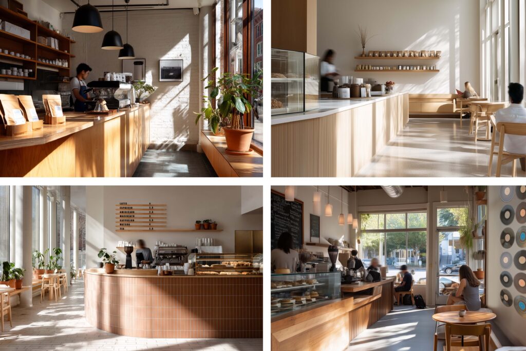 Collage of modern coffee shop interiors with natural light, wooden finishes, minimal design, and baristas preparing drinks in warm, inviting spaces.